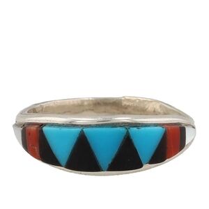 Turquoise and Red Geometric Silver Ring‎